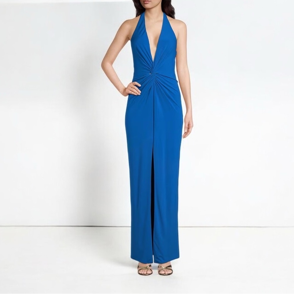 Badgley Mischka Royal Blue Halter Maxi Gown with Front Slit - Picture 15 of 15